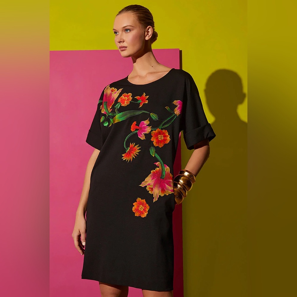 Natori Light Weight Ponte Floral Applique Black T-Shirt Mini Dress